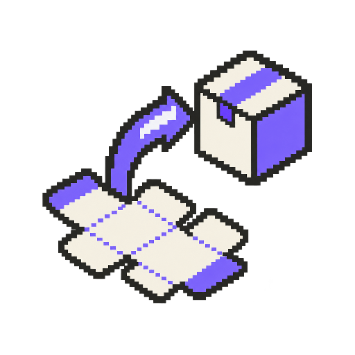 Pixel-art icon showing the transition from a dieline to a folded carton