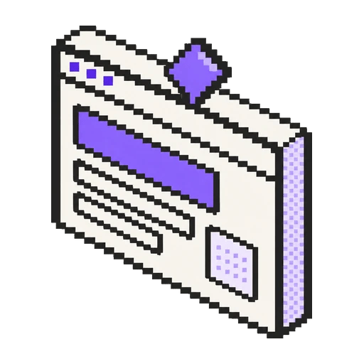 Başlık, metin ve renk bloklarıyla kurulmuş, üstünde mor bir elmas işaret taşıyan pixel art tarayıcı penceresi
