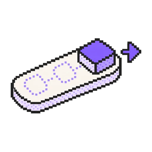 Mor düğmesi rayın ucuna kaymış, geçtiği yeri noktalarla gösteren ve ileriyi işaret eden pixel art anahtar