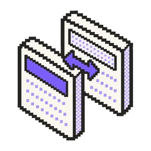 Aynı düzendeki iki belgeyi mor çift yönlü okla bağlayan pixel art ikon
