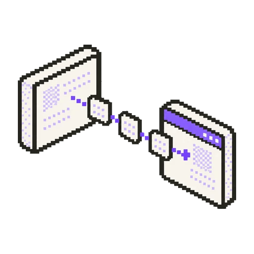 Eski bir ekrandan yeni ekrana noktalı yol boyunca içerik kutuları taşıyan pixel art ikon