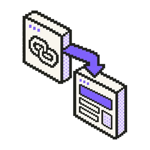 Eski bir bağlantıyı mor okla yeni sayfaya yönlendiren pixel art ikon