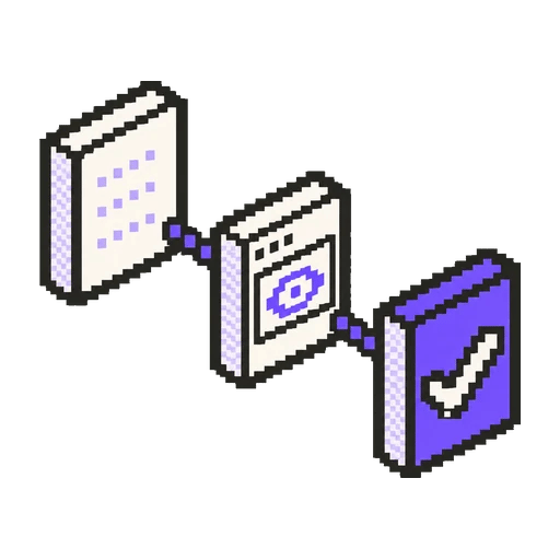 Taslak, önizleme ve mor onay kartını sırayla birbirine bağlayan pixel art ikon