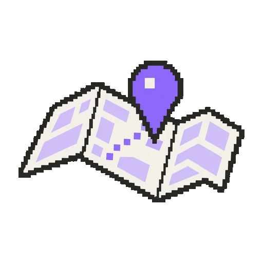 A violet location pin standing on a folded pixel map