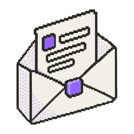 A pixel letter with a violet seal sliding out of its envelope