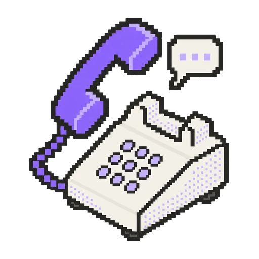 A pixel desk phone with a violet handset and a speech bubble