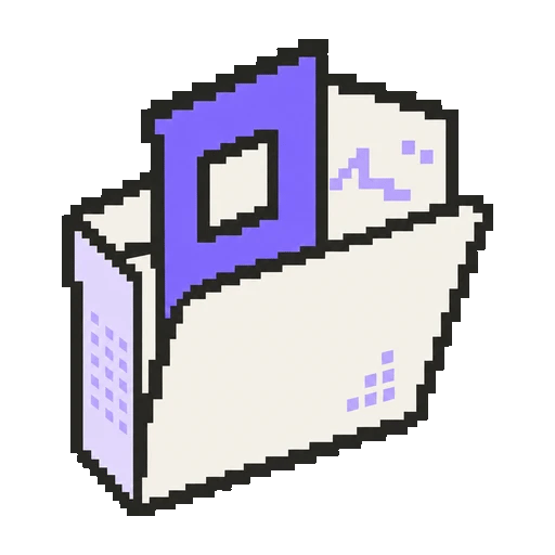 An open pixel portfolio folder with a violet sheet sliding out