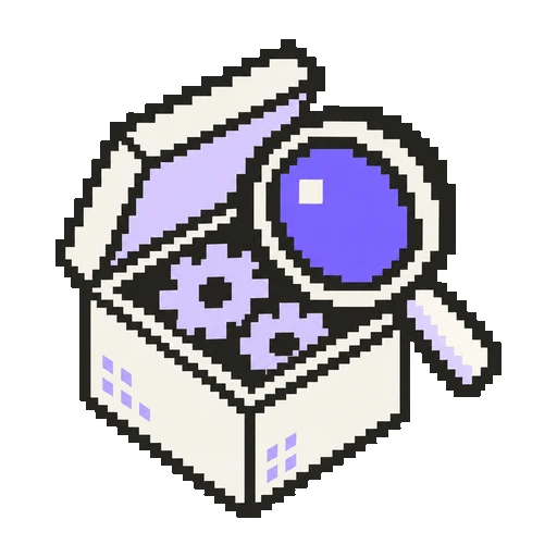 A pixel magnifying glass with a violet lens over a small part
