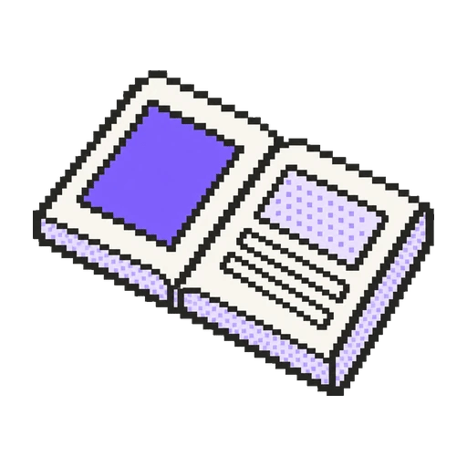 Büyük mor başlık bloğu ve görselli yayın açılımı pixel art ikonu