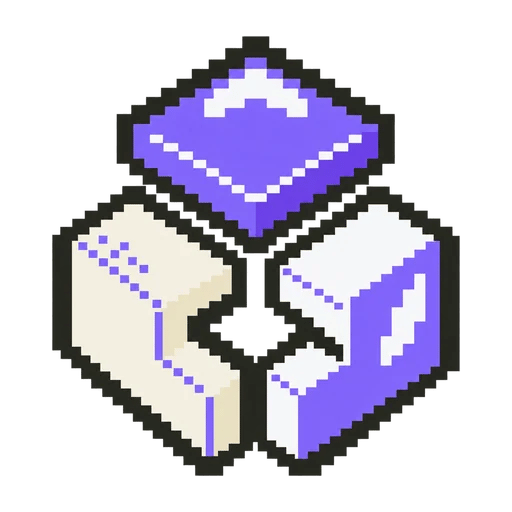 Isometric pixel-art interpretation of a brand mark built from modular parts