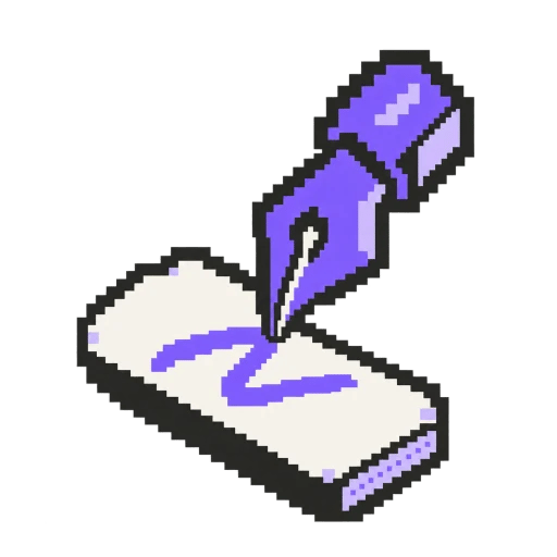 Pen nib drawing a violet stroke on a blank nameplate