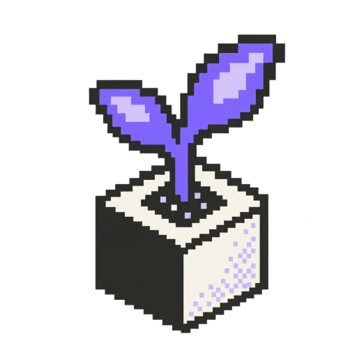 Violet brand icon sprouting from a geometric foundation