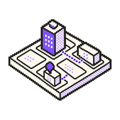Harita üzerinde mor konut bloğunu çevresindeki noktalara bağlayan pixel art ikon
