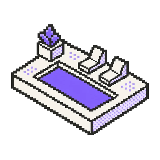 Mor sulu havuz ve şezlonglu ortak alan pixel art ikonu