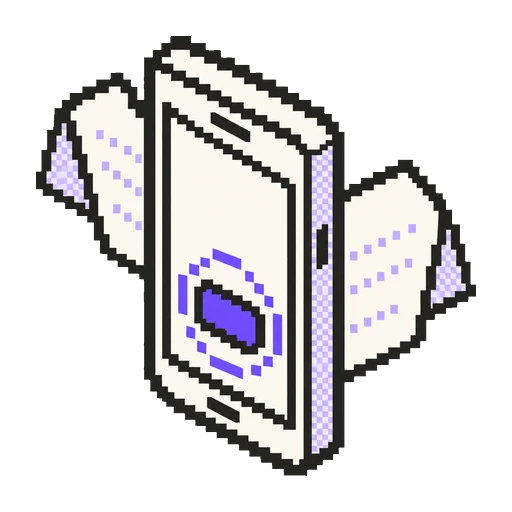 Ekranında tek bir mor düğme bulunan, tanıtım kartları kenara çekilmiş pixel art telefon