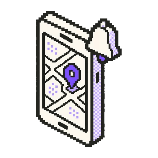 Ekranında harita ve mor konum işareti, köşesinde bildirim zili olan pixel art telefon