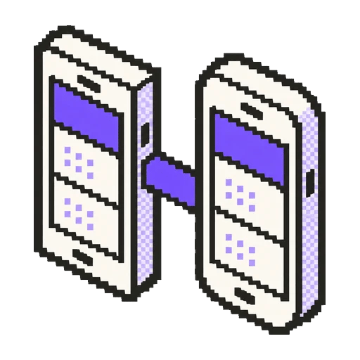 Aynı ekran düzenini taşıyan ve mor bir köprüyle birbirine bağlanan iki pixel art telefon