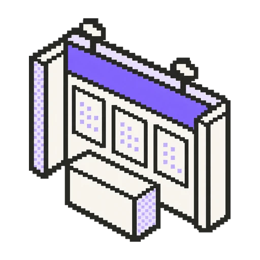 Mor başlık bantlı fuar standı ve tezgâh pixel art ikonu