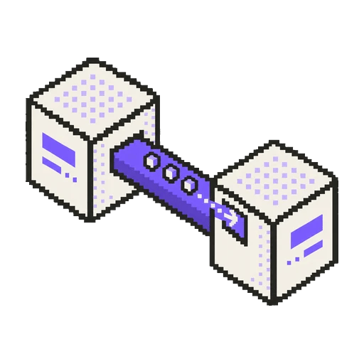 İki ayrı bloğu birbirine bağlayan mor köprü üzerinde tek yönde ilerleyen veri karelerini gösteren pixel art ikon