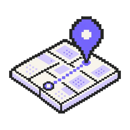 Sokak bloklarından oluşan harita parçasında noktalı bir yolun ulaştığı mor konum işaretini gösteren pixel art ikon