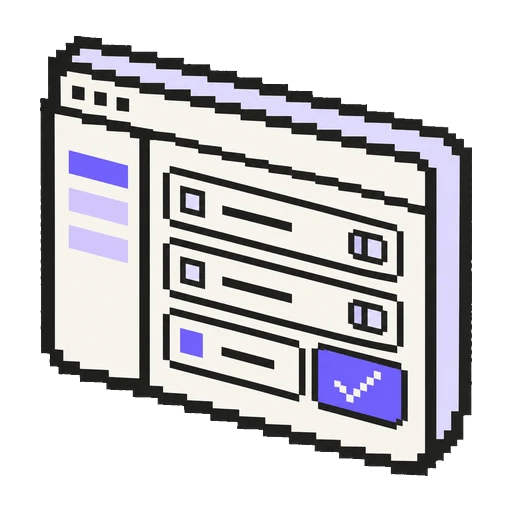 Kenar menüsü, anahtarlı form satırları ve mor onay düğmesi taşıyan pixel art yönetim paneli