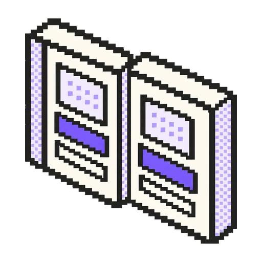 İki sayfasında aynı düzen ve mor bant tekrar eden katalog açılımı pixel art ikonu