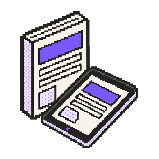 Basılı katalog ile aynı kapağı gösteren tablet pixel art ikonu