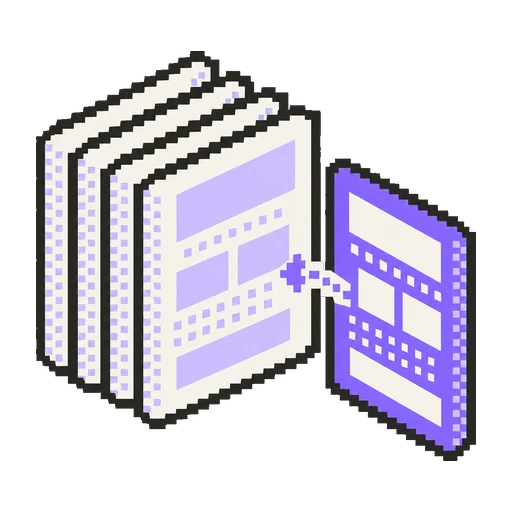 Şablon sayfa destesine mor bir sayfanın eklendiği pixel art ikon