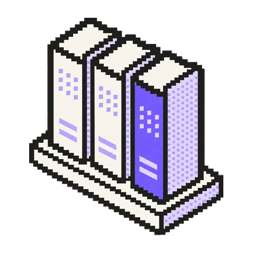 En yenisinin sırtı mor olan üç katalog cildi pixel art ikonu