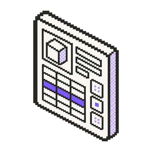 Ürün görseli, bir satırı mor tablo ve simge sütunu taşıyan katalog sayfası pixel art ikonu
