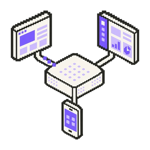 Ortadaki servis bloğunu kısa bağlantılarla bir tarayıcı penceresine, yönetim paneline ve telefona bağlayan pixel art ikon