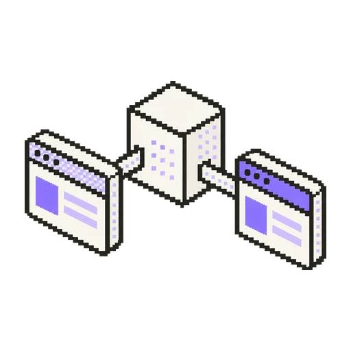 Eski ve yeni iki ekranı aynı servis bloğuna bağlayan pixel art ikon