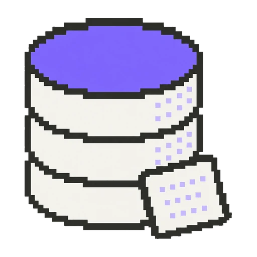 Üst diski mor olan, üst üste dizilmiş disklerden bir veritabanı silindiri pixel art ikonu