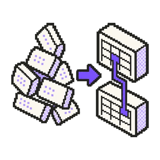 Dağınık kayıt kartlarının, mor bir ilişki çizgisiyle bağlı iki düzenli tabloya dönüştüğü pixel art ikon