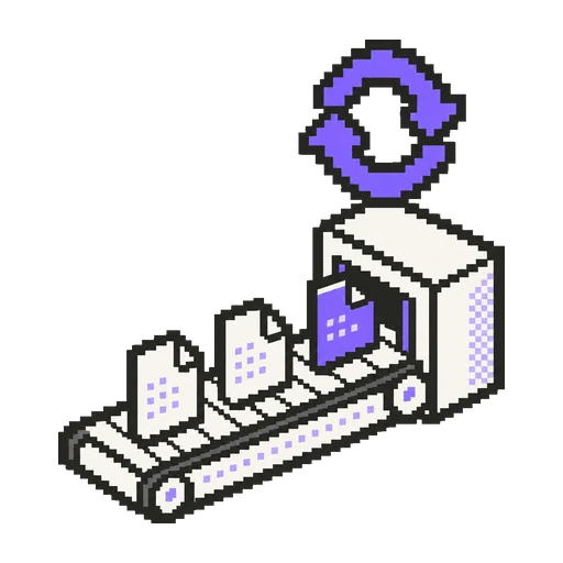 Belgeleri bir işlem bloğuna taşıyan bant ve üstünde mor döngü oku bulunan pixel art ikon